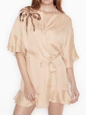 ✰ champagne victoria’s secret satin robe with sequin ribbon bow detail ✰